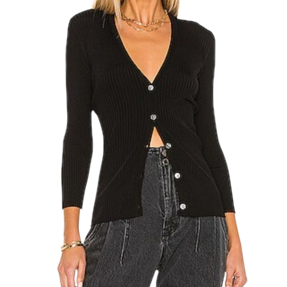 L'AGENCE Sweaters - L'Agence Isabella Fitted Button-down 3/4 Sleeve Cardigan Black Ribbed Sweater -L